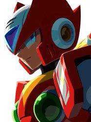 Rule 34 | 1boy, absurdres, android, armor, blue eyes, closed mouth, commentary, commentary request, english commentary, helmet, highres, hoshi mikan, light smile, looking at viewer, male focus, mega man (series), mega man x (series), mixed-language commentary, red headwear, robot ears, simple background, solo, upper body, white background, zero (mega man)