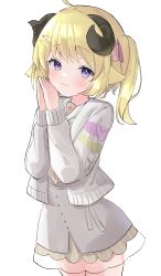 Rule 34 | 1girl, absurdres, ahoge, animal ears, blonde hair, blush, brown shirt, closed mouth, commentary request, grey jacket, grey skirt, hair ornament, hair ribbon, hairclip, hands up, highres, hololive, horns, jacket, long sleeves, looking at viewer, open clothes, open jacket, own hands together, pink ribbon, purple eyes, ribbon, sheep ears, sheep girl, sheep horns, shirt, side ponytail, simple background, skirt, sleeves past wrists, smile, solo, striped clothes, striped shirt, tachibana (x quick), tsunomaki watame, tsunomaki watame (street casual), vertical-striped clothes, vertical-striped shirt, virtual youtuber, white background
