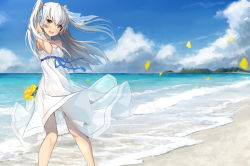 Rule 34 | 1girl, :d, alternate costume, amatsukaze (kancolle), beach, blue sky, blush, cloud, day, dress, flower, hair between eyes, kantai collection, long hair, ocean, open mouth, petals, silver hair, sky, smile, solo, standing, strapless, takanashi kei (hitsujikan), two side up, white dress, yellow eyes, yellow flower
