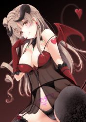 Rule 34 | 10s, 1girl, areola slip, bare shoulders, black background, black panties, black thighhighs, blush, breasts, brown eyes, cameltoe, cleavage, closed mouth, demon girl, earrings, finger to mouth, frapowa, garter belt, gloves, gradient background, grey hair, heart, heart tail, heart tattoo, horns, jewelry, large breasts, licking lips, long hair, looking at viewer, love live!, love live! school idol project, minami kotori, no bra, panties, pubic tattoo, red background, see-through, sitting, smile, solo, sparkle, stomach, strap slip, tail, tattoo, thighhighs, tongue, tongue out, underwear, underwear only, very long hair, wings