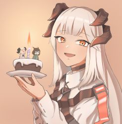Rule 34 | 1girl, :d, absurdres, arknights, brown background, cake, candle, commentary, feather hair, fire, food, hands up, highres, holding, holding plate, horns, ifrit (arknights), long hair, long sleeves, looking at viewer, open mouth, orange eyes, plate, radioneet, saria (arknights), shirt, silence (arknights), silver hair, simple background, smile, solo, upper body, white shirt