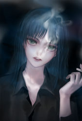 Rule 34 | 1girl, black shirt, blue hair, cigarette, collared shirt, green eyes, highres, holding, holding cigarette, long hair, long sleeves, looking at viewer, mole, mole under eye, original, parted lips, qidai, shirt, smoke, smoking, solo, unbuttoned, unbuttoned shirt, upper body, wing collar