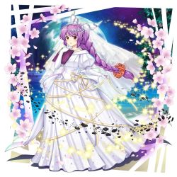 Rule 34 | 1girl, blush, book, braid, bridal veil, bride, commentary, dress, earrings, earth (planet), english commentary, flower, hair ribbon, highres, holding, holding book, jewelry, long dress, long hair, long sleeves, looking at viewer, necklace, official alternate costume, official art, open mouth, planet, purple eyes, purple hair, ribbon, rotte (1109), single braid, solo, touhou, touhou lostword, veil, watatsuki no yorihime, wedding dress, white dress, white ribbon, yellow ribbon