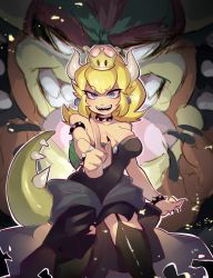 Rule 34 | 1boy, 1girl, armlet, bare shoulders, black dress, black thighhighs, blonde hair, blue eyes, bowser, bowsette, bracelet, breasts, cleavage, collar, crown, dress, dual persona, garter straps, highres, horns, jewelry, large breasts, long hair, looking at viewer, mario (series), new super mario bros. u deluxe, nintendo, pointing, pointing at viewer, ponytail, sharp teeth, skindentation, spiked bracelet, spiked collar, spikes, strapless, strapless dress, super crown, tail, teeth, thighhighs, tsukimei99, turtle shell