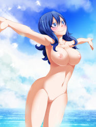 Rule 34 | 1girl, armpits, blue eyes, blue hair, breasts, fairy tail, female focus, highres, juvia lockser, large breasts, matching hair/eyes, navel, nipples, nude, outstretched arms, pussy, smile, solo, standing, thighs, uncensored
