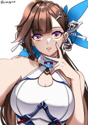 Rule 34 | 1girl, :d, artist name, bare shoulders, breasts, brown eyes, brown hair, china dress, chinese clothes, cleavage, cleavage cutout, clothing cutout, commentary, dress, earrings, english commentary, grin, hair ornament, highres, honkai (series), honkai impact 3rd, jewelry, large breasts, li sushang, li sushang (jade knight), lion space, lips, long hair, nail polish, open mouth, red nails, selfie, simple background, sleeveless, sleeveless dress, smile, solo, teeth, upper body, upper teeth only, very long hair, white background, white dress