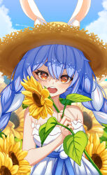 Rule 34 | 1girl, absurdres, animal ears, bare shoulders, blue bow, blue dress, blue hair, blue sky, bow, braid, brown headwear, cloud, collarbone, cumulonimbus cloud, dress, field, flower, flower field, hair between eyes, hat, highres, holding, holding flower, hololive, looking at viewer, mcbox, open mouth, orange eyes, outdoors, pom pom (clothes), rabbit ears, sky, spaghetti strap, straw hat, sunflower, sunflower field, teeth, thick eyebrows, twin braids, twintails, upper body, upper teeth only, usada pekora, virtual youtuber, waist bow, white bow