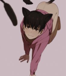 Rule 34 | 10s, 1boy, :3, all fours, animal ears, ass, back, barefoot, black hair, blurry, bottomless, brown eyes, cat boy, cat ears, cat tail, cat teaser, closed mouth, depth of field, from above, hair between eyes, highres, hood, hood down, hoodie, kemonomimi mode, long sleeves, looking at viewer, looking up, male focus, matsuno todomatsu, osomatsu-kun, osomatsu-san, sanpaku, shade, simple background, solo, spine, tail, weyowang