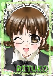 Rule 34 | 00s, 1girl, ;d, ahoge, akizuki ritsuko, blush, bow, bowtie, braid, brown eyes, brown hair, character name, close-up, eyebrows, female focus, frills, glasses, idolmaster, idolmaster (classic), idolmaster 1, itsuki sayaka, maid headdress, one eye closed, open mouth, rimless eyewear, short twintails, smile, solo, twin braids, twintails, upper body, waitress, wink