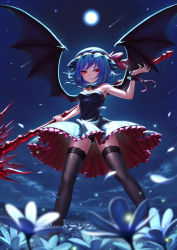 Rule 34 | 1girl, armpits, bare shoulders, bat wings, black dress, black panties, black thighhighs, blue hair, breasts, commentary request, dress, fkey, flower, from below, full moon, hat, hat ribbon, highres, holding, holding weapon, looking at viewer, mob cap, moon, night, night sky, panties, pantyshot, polearm, red eyes, remilia scarlet, ribbon, scrunchie, short hair, sky, small breasts, solo, spear, standing, star (sky), starry sky, strapless, strapless dress, thighhighs, touhou, underwear, upskirt, weapon, wind, wings, wrist cuffs, wrist scrunchie