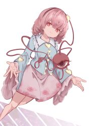 Rule 34 | 1girl, absurdres, bare legs, buttons, dutch angle, floral print, frilled sleeves, frills, grin, hairband, head tilt, heart button, highres, komeiji satori, long sleeves, looking at viewer, palms, pink eyes, pink hair, pink skirt, r utchi, short hair, skirt, smile, solo, stained glass, third eye, touhou, wide sleeves
