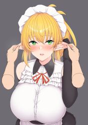 Rule 34 | 1girl, black gloves, blonde hair, blush, breasts, ear fondling, elbow gloves, elf, etan14, gloves, green eyes, grey background, heavy breathing, highres, large breasts, long hair, maid, maid headdress, male hand, original, playing with another&#039;s ears, pointy ears, simple background, sleeveless, solo focus, upper body