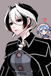 Rule 34 | 1boy, 1girl, :d, bad id, bad pixiv id, black cape, black eyes, black hair, black jacket, blue capelet, blue eyes, blue hair, cape, capelet, chibi, closed mouth, collared cape, eyelashes, grey background, hair between eyes, heart, jacket, looking at viewer, made in abyss, maid, maid headdress, mamaloni, maruruk, multicolored hair, open mouth, ozen, pouch, short hair, simple background, smile, trap, two-tone hair, whistle, white hair, wing collar