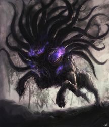 Rule 34 | call of cthulhu, cthulhu mythos, deadspike nine, eldritch abomination, extra mouth, fog, forest, glowing, highres, hooves, monster, nature, no eyes, open mouth, outdoors, rock, running, sharp teeth, shub-niggurath, signature, teeth, tentacles