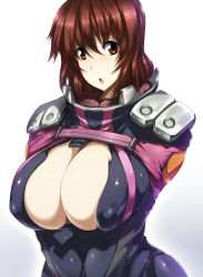 Rule 34 | 10s, 1girl, bodysuit, breasts, breasts squeezed together, brown eyes, brown hair, character request, cleavage, covered erect nipples, gradient background, highres, huge breasts, irie tamaki, looking at viewer, majestic prince, no bra, short hair, solo, tsukasawa takamatsu