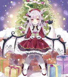 Rule 34 | ahoge, alternate costume, beret, blurry, blurry background, blush, box, christmas tree, commentary, double bun, dragon tail, dragon wings, gift, gift box, gloves, grey hair, hair bun, hair ornament, hat, highres, holding, holding gift, indie virtual youtuber, kamuri amuru, long hair, looking at viewer, open mouth, pantyhose, red eyes, ribbon, santa costume, shoes, simple background, sitting, snow, tail, tree, virtual youtuber, wings