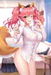 Rule 34 | 1girl, animal ear fluff, animal ears, black panties, blush, bottomless, breasts, cellphone, collared shirt, condom, condom wrapper, dress shirt, fate/extra, fate (series), fox ears, fox girl, fox tail, hair between eyes, highres, hua-j, large breasts, long hair, long sleeves, looking at viewer, one eye closed, open mouth, panties, unworn panties, phone, pink hair, selfie, shirt, sidelocks, skirt, unworn skirt, smile, solo, tail, tamamo (fate), tamamo no mae (fate/extra), thighs, twintails, underwear, white shirt, yellow eyes
