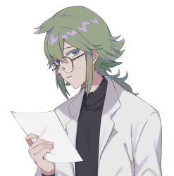 Rule 34 | 1boy, alternate costume, bad id, bad twitter id, bespectacled, creatures (company), fingernails, game freak, glasses, green hair, grey eyes, hair between eyes, hand up, highres, holding, holding paper, jacket, long hair, looking at viewer, male focus, n (pokemon), nintendo, open clothes, open jacket, p (flavorppp), paper, parted lips, pokemon, pokemon bw, ponytail, round eyewear, simple background, solo, upper body, white background, white jacket