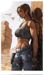 1girl aircraft airplane backpack bag blue_pants border brown_bag brown_eyes brown_hair day desert fingerless_gloves gloves grey_gloves grey_sports_bra highres holster illyne_cosplay lara_croft long_hair looking_to_the_side midriff navel outdoors outside_border pants signature solo sports_bra standing thigh_holster tomb_raider white_border