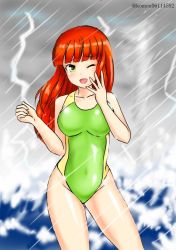 Rule 34 | 1girl, blunt bangs, blurry, cloud, cloudy sky, commentary request, competition swimsuit, contrapposto, cowboy shot, de ruyter (kancolle), depth of field, green eyes, green one-piece swimsuit, grey sky, kantai collection, kudou (ooabareteng), lightning, long hair, looking at viewer, ocean, one-piece swimsuit, one eye closed, outdoors, rain, red hair, sky, smile, solo, storm, swimsuit, waves