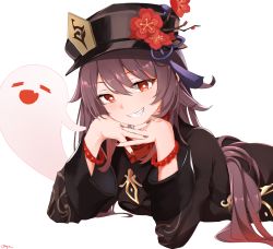 Rule 34 | 1girl, black hat, black shirt, bracelet, brown hair, flower, flower-shaped pupils, genshin impact, ghost, gradient hair, grin, hat, hat flower, head rest, highres, hu tao (genshin impact), jewelry, long hair, long sleeves, looking at viewer, lying, multicolored hair, nail polish, on stomach, plum blossoms, red eyes, ring, shirt, simple background, smile, solo, star-shaped pupils, star (symbol), symbol-shaped pupils, tassel, twintails, vayneeeee, white background