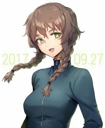Rule 34 | 1girl, 2017, :d, amane suzuha, blue jacket, braid, breasts, bright pupils, brown hair, green eyes, jacket, large breasts, long hair, long sleeves, looking at viewer, oopartz yang, open mouth, smile, solo, steins;gate, twin braids, upper body, white pupils