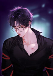 Rule 34 | 1boy, bdsm, black shirt, bondage, bound, glasses, lips, lipstick mark, lipstick mark on chest, looking at viewer, love and deepspace, male focus, onegingek, parted lips, purple hair, rafayel (love and deepspace), red eyes, shirt, short hair, solo, teeth