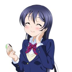 Rule 34 | 1girl, baozi, blazer, blue hair, blush, bow, bowtie, closed eyes, closed mouth, commentary request, eating, food, hair between eyes, hand on own cheek, hand on own face, highres, holding, holding food, isami don, jacket, long hair, long sleeves, love live!, love live! school idol project, otonokizaka school uniform, red bow, red bowtie, school uniform, simple background, smile, solo, sonoda umi, striped bow, striped bowtie, striped clothes, striped neckwear, white background