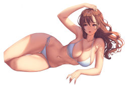 Rule 34 | 1girl, bikini, breasts, brown hair, cleavage, fingernails, hair between eyes, large breasts, long fingernails, long hair, looking to the side, love cacao, lying, navel, on side, original, parted lips, purple eyes, side-tie bikini bottom, simple background, skindentation, solo, swimsuit, thighs, tsurime, wavy hair, white background, white bikini