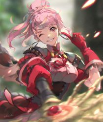 Rule 34 | 1girl, alternate hairstyle, armor, armored dress, axe, dress, earrings, fire emblem, fire emblem: three houses, fire emblem warriors: three hopes, floating hair, gloves, hair bun, highres, hilda valentine goneril, holding, holding axe, holding weapon, hoop earrings, index finger raised, jewelry, lips, looking at viewer, nintendo, official alternate costume, official alternate hairstyle, one eye closed, pink dress, pink eyes, pink hair, pink lips, red gloves, shiroi (shiroicbe), short hair, shoulder armor, smile, solo, teeth, twitter username, upper body, weapon