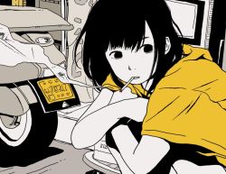 Rule 34 | 1girl, bad id, black hair, cigarette, colored skin, crossed arms, day, greyscale, hosoo, monochrome, motor vehicle, motorcycle, original, outdoors, shirt, short hair, smoke, smoking, solo, spot color, squatting, vehicle, white skin, yellow shirt