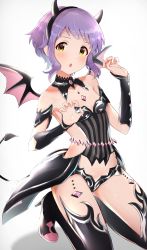 Rule 34 | 1girl, absurdres, blush, boots, breasts, claw pose, commentary request, demon horns, demon tail, demon wings, detached collar, detached sleeves, fang, female focus, gem, gradient background, highres, homco, horns, idolmaster, idolmaster million live!, kneeling, looking at viewer, makabe mizuki, open mouth, purple hair, short hair, sidelocks, simple background, small breasts, solo, tail, thigh boots, thighhighs, thighs, wavy hair, white background, wings, yellow eyes