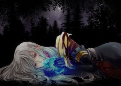Rule 34 | 00s, 1boy, coat, crystal, duke pantarei, elbow gloves, forest, frills, gloves, long hair, nature, night, pants, red eyes, star (symbol), tales of (series), tales of vesperia, tears, white hair
