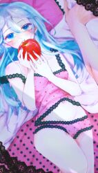 Rule 34 | 1girl, absurdres, alternate hairstyle, apple, aqua eyes, aqua hair, bare arms, bare legs, bare shoulders, black ribbon, blue hair, blue nails, blush, camisole, crossed legs, food, fruit, giriko choco, hair between eyes, hatsune miku, highres, holding, holding food, holding fruit, lace, lace-trimmed camisole, lace-trimmed panties, lace trim, long hair, looking at viewer, lying, on back, out of frame, panties, parted lips, pillow, pink camisole, polka dot camisole, red apple, ribbon, romeo to cinderella (vocaloid), solo, twintails, underwear, very long hair, vocaloid