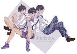 Rule 34 | 10s, 3boys, alternate costume, bad id, bad pixiv id, black hair, bow, bowtie, brothers, character name, copyright name, crossed arms, crossed legs, fork, indian style, karasu (krvenry), male focus, matsuno ichimatsu, matsuno jyushimatsu, matsuno karamatsu, multiple boys, no shoes, open mouth, osomatsu-kun, osomatsu-san, osomatsu (series), pants, plaid, plaid pants, plaid shorts, rectangle, shorts, siblings, sitting, smile, socks, striped clothes, striped legwear, striped socks, suspender shorts, suspenders
