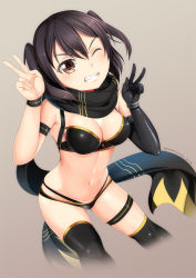 Rule 34 | 1girl, alternate breast size, alternate costume, bikini, black bikini, black hair, black scarf, blush, breasts, brown eyes, commentary request, cropped legs, dated, double v, elbow gloves, fate (series), gloves, gluteal fold, grin, groin, highleg, highleg bikini, highres, kantai collection, layered bikini, looking at viewer, medium breasts, multi-strapped bikini, navel, okita j. souji (fate), okita j. souji (first ascension) (fate), okita souji (fate), scarf, sendai (kancolle), short hair, simple background, single glove, skindentation, smile, solo, swimsuit, thighhighs, two side up, v, yasume yukito