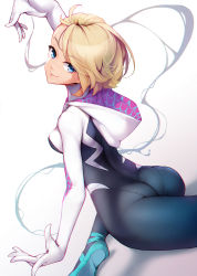 Rule 34 | 1girl, absurdres, animification, arm up, ass, ataruman, ballet slippers, blonde hair, blue eyes, bodysuit, breasts, chromatic aberration, commentary request, eyebrow piercing, eyes visible through hair, gwen stacy, highres, hood, hood down, hooded bodysuit, looking at viewer, marvel, medium breasts, piercing, short hair, simple background, smile, solo, spider-gwen, spider-man: into the spider-verse, spider-man (series), spider-verse, spider web print, split, white background