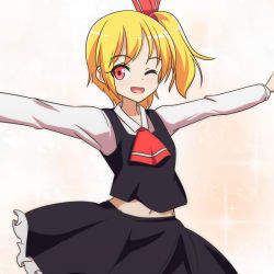 Rule 34 | 1girl, ;d, alternate hairstyle, ascot, blush, cato (monocatienus), collared shirt, commentary, fang, hair ribbon, navel, one eye closed, open mouth, outstretched arms, red eyes, ribbon, rumia, shirt, short hair, side ponytail, skirt, skirt set, smile, solo, sparkle, spread arms, touhou, vest