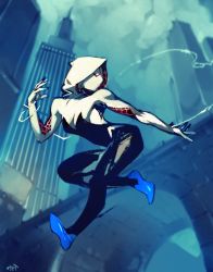 Rule 34 | 1girl, blue footwear, bodysuit, breasts, building, cloud, cloudy sky, commentary, english commentary, gwen stacy, highres, hood, hooded bodysuit, looking to the side, marvel, mask, medium breasts, night, open mouth, optionaltypo, silk, skin tight, sky, solo, spider-gwen, spider-man: into the spider-verse, spider-man (series), spider-verse, spider web, spider web print, superhero costume, thighs