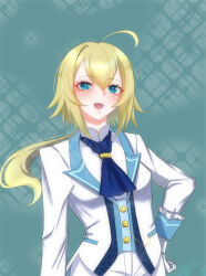 Rule 34 | 1girl, :d, ahoge, amano soraha, aqua background, arm at side, ascot, assault lily, blonde hair, blue ascot, blue eyes, blush, buttons, collared shirt, commentary request, formal, frilled sleeves, frills, gloves, hair between eyes, hand on own hip, highres, jacket, long hair, long sleeves, looking at viewer, low ponytail, nanakusa yukiusagi, official alternate costume, open mouth, pant suit, pants, ponytail, shirt, smile, solo, sparkle background, standing, suit, upper body, white gloves, white jacket, white pants, white shirt, white suit