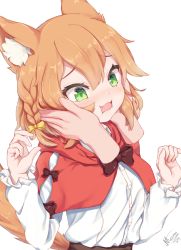 Rule 34 | 1girl, animal ears, artist name, blush, braid, capelet, cheek squash, disembodied hand, face grab, fang, green eyes, hands on another&#039;s cheeks, hands on another&#039;s face, hood, hood down, hooded capelet, long sleeves, meemo, open mouth, orange hair, original, red capelet, rina (meemo), shirt, short hair, tail, wolf ears, wolf tail