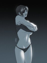 Rule 34 | 1girl, breasts, chainsaw man, closed eyes, clothes lift, eyepatch, gradient background, greyscale, highres, himeno (chainsaw man), jen bartel, large breasts, monochrome, navel, no bra, panties, parted lips, shirt lift, short hair, solo, stomach, tank top, underboob, underwear, undressing