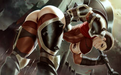 Rule 34 | 1girl, armor, ass, axe, bent over, bottomless, breasts, breasts out, brown hair, commentary, darius (league of legends), elbow gloves, english commentary, feet out of frame, gauntlets, genderswap, genderswap (mtf), gloves, hanging breasts, highres, holding, holding weapon, large breasts, league of legends, light smile, lips, looking at viewer, mole, mole above mouth, nipples, nose, panties, pauldrons, red eyes, red panties, red thighhighs, sash, short hair, shoulder armor, solo, themaestronoob, thick thighs, thigh armor, thighhighs, thighs, thighsuncensored, underbust, underwear, very short hair, weapon