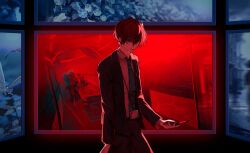 Rule 34 | 1boy, absurdres, c asca, cellphone, coat, collared shirt, flip phone, formal, hair between eyes, highres, holding, holding phone, hypnosis mic, id card, kannonzaka doppo, long sleeves, looking at viewer, male focus, monitor, open clothes, open coat, open mouth, phone, red hair, shirt, short hair, smile, sweat