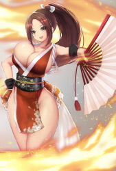 Rule 34 | blush, breasts, brown eyes, brown hair, cleavage, curvy, fatal fury, fire, folded fan, folding fan, hand fan, high ponytail, highres, holding, holding fan, japanese clothes, kuno oni, kunoichi, large breasts, legs together, leotard, leotard under clothes, long hair, open mouth, pelvic curtain, ponytail, revealing clothes, shiny skin, shiranui mai, sideboob, simple background, smile, solo, the king of fighters, wide hips