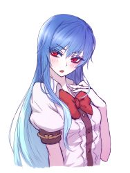 Rule 34 | 1girl, :o, arm at side, blue hair, blush, bow, bowtie, buttons, center frills, collared shirt, colored eyelashes, eyes visible through hair, frills, head tilt, highres, hinanawi tenshi, long hair, looking at viewer, miata (miata8674), no headwear, open mouth, puffy short sleeves, puffy sleeves, red bow, red bowtie, red eyes, shirt, short sleeves, solo, straight hair, touhou, upper body, very long hair, white shirt, wing collar