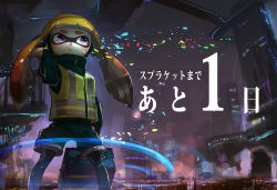 Rule 34 | 1girl, bad id, bad pixiv id, belt, black jacket, black shorts, black thighhighs, blonde hair, blue eyes, blush, building, cityscape, closed mouth, domino mask, expressionless, female focus, gradient hair, hand up, highres, holding, indoors, inkling, inkling girl, inkling player character, jacket, japanese text, kashu (hizake), legs apart, long hair, long sleeves, looking to the side, mask, multicolored hair, nintendo, nose blush, orange hair, reflection, shorts, skyscraper, solo, splatoon (series), splatoon 1, squidbeak splatoon, standing, suitcase, tentacle hair, thighhighs, translation request, twintails, vest, yellow vest