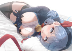 Rule 34 | 1girl, ako (blue archive), animal collar, bed sheet, bell, black gloves, black hairband, black jacket, black panties, black skirt, black thighhighs, blue archive, blue eyes, blue hair, blue halo, blush, breasts, buttons, clenched teeth, collar, gloves, hairband, halo, jacket, large breasts, long hair, long sleeves, mirea, neck bell, panties, pasties, pencil skirt, pillow, shirt, simple background, skirt, solo, tears, teeth, thighhighs, underwear, white background, white shirt