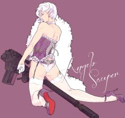Rule 34 | 1boy, androgynous, angelo sauper, ass, bare shoulders, character name, choker, closed mouth, corset, crossdressing, earrings, eyelashes, flat color, frills, from behind, full body, fur, gloves, gundam, gundam unicorn, half gloves, high heels, jewelry, lingerie, looking back, male focus, panties, profile, purple background, purple eyes, ribbon, silver hair, simple background, snj, solo, thighhighs, trap, underwear, wavy hair, weapon