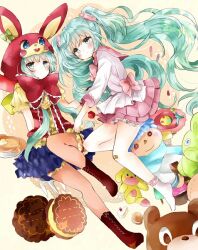 Rule 34 | 2girls, animal hood, aqua eyes, aqua hair, artist request, blush, collared shirt, commentary request, dress, dual persona, food, frilled dress, frilled skirt, frilled sleeves, frills, gloves, hatsune miku, heart, hood, hoodie, lol -lots of laugh- (vocaloid), long hair, long sleeves, looking at viewer, multiple girls, non-web source, open mouth, pancake, rabbit hood, red gloves, red ribbon, ribbon, shirt, short sleeves, skirt, source request, twintails, very long hair, vocaloid